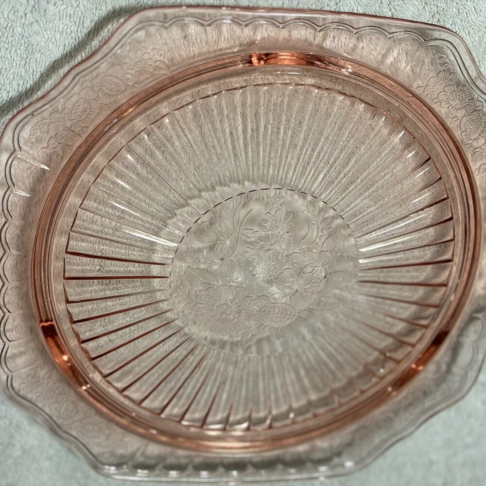 VTG Pink Depression Glass Footed Cake Plate Mayfair Open Rose Pattern 11" dia